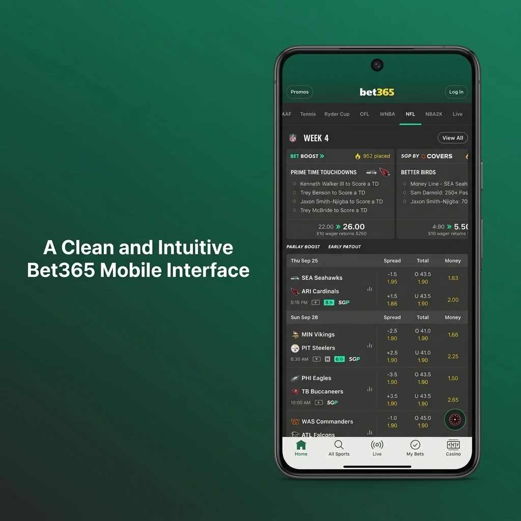 Bet365 mobile interface showing clean navigation for sports markets, casino games, and account options in a simple layout