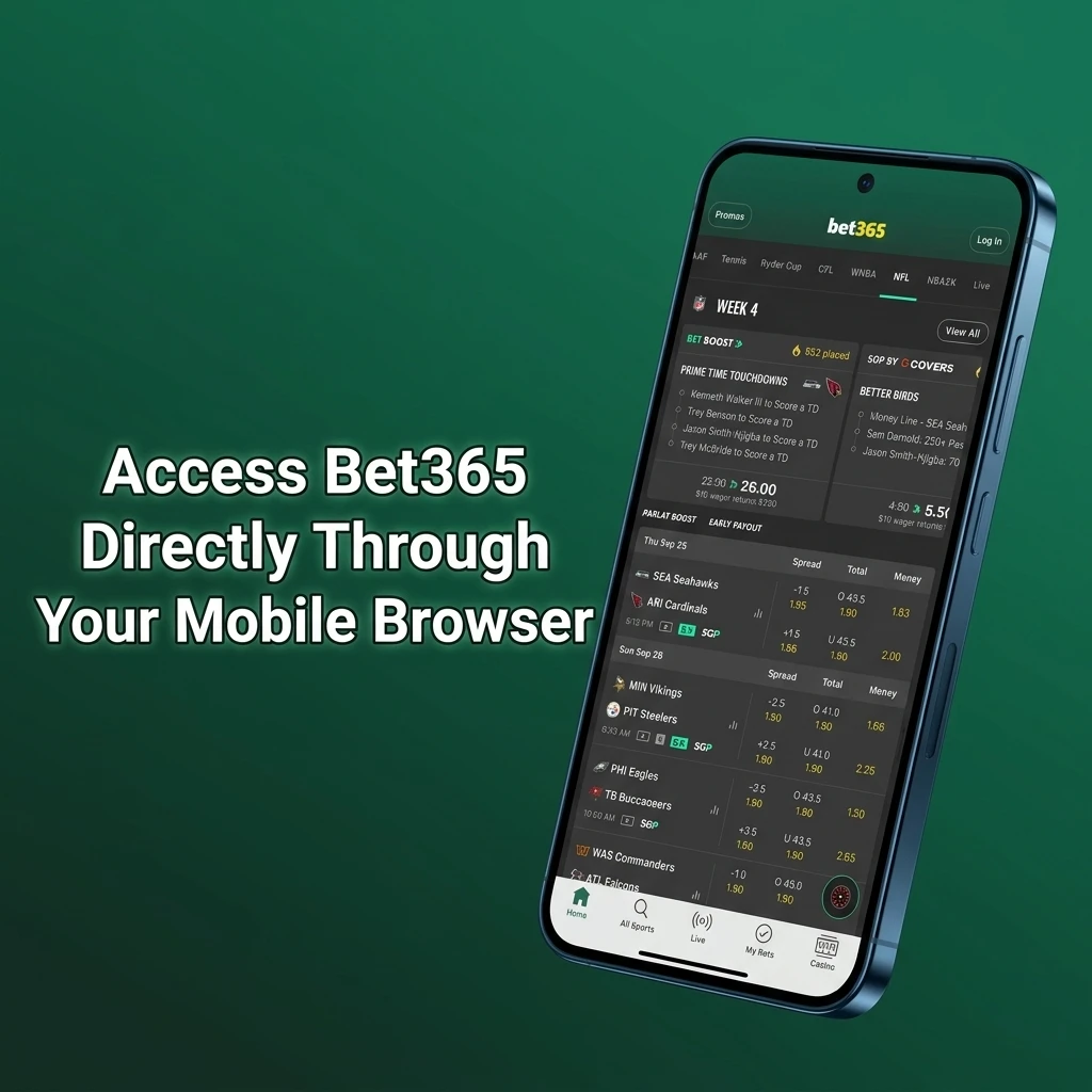 Bet365 mobile browser interface showing instant access to casino and betting on any smartphone without downloading