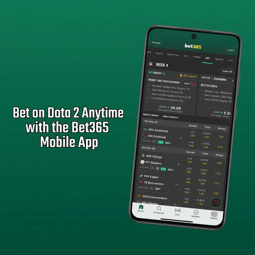 Bet365 mobile app open on Dota 2 esports betting section showing live odds and in-play markets
