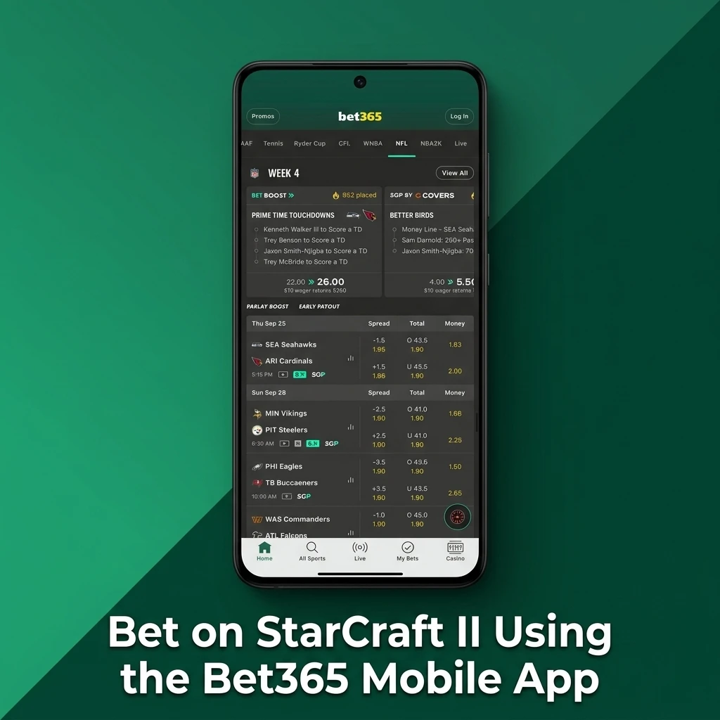 Bet365 mobile app open on StarCraft II esports betting page, showing live matches and bet slip for Indian users