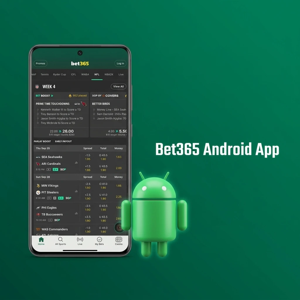 Bet365 Android app interface showing sports betting and casino games available for free download on mobile devices