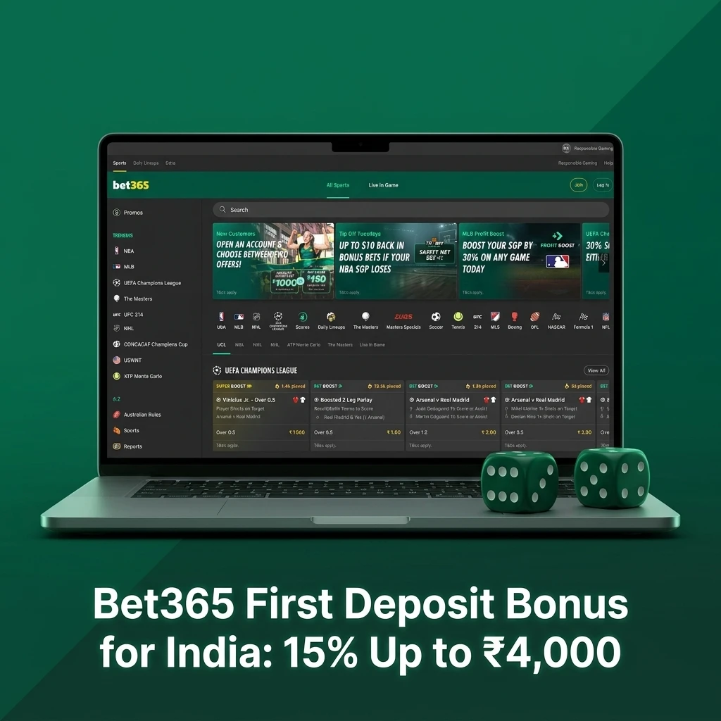Bet365 India first deposit bonus offering 15% up to ₹4,000 for new users on sports betting markets