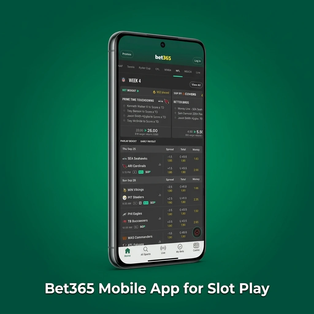 Bet365 mobile app interface showing slot games lobby with easy navigation and one-thumb controls on smartphone