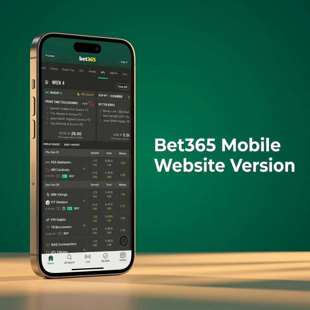 Bet365 mobile-optimised website on smartphone and tablet showing sports betting, live casino, and account management features