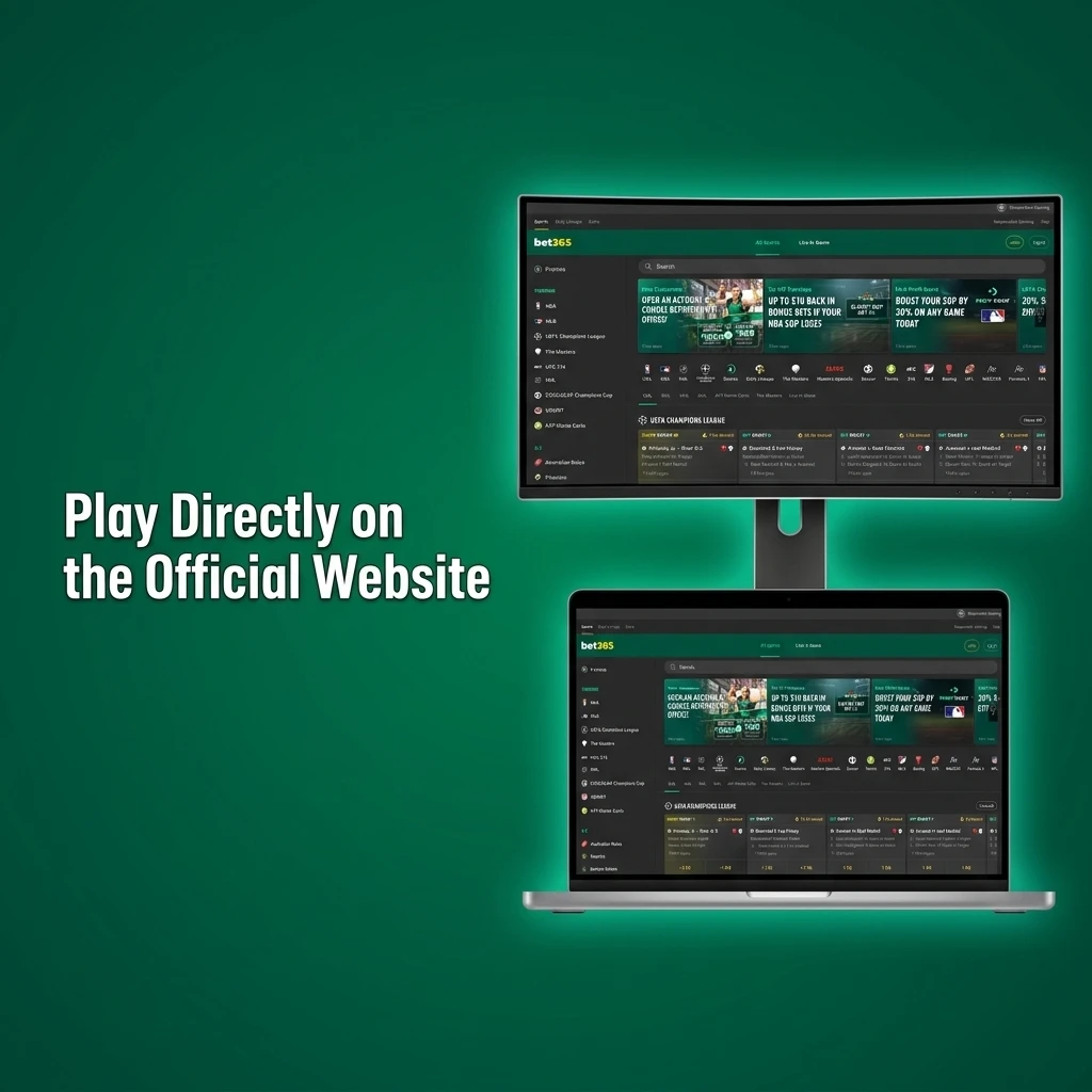 Official website browser interface showing sports betting, live casino and table games accessible without installing any software