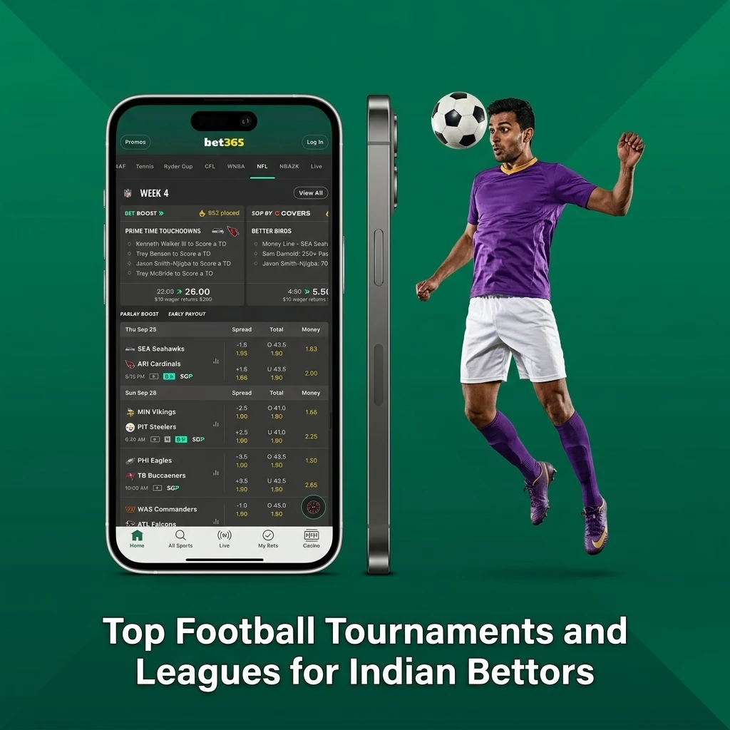 Top football tournaments on Bet365 for Indian bettors including FIFA World Cup, EPL, Champions League and ISL