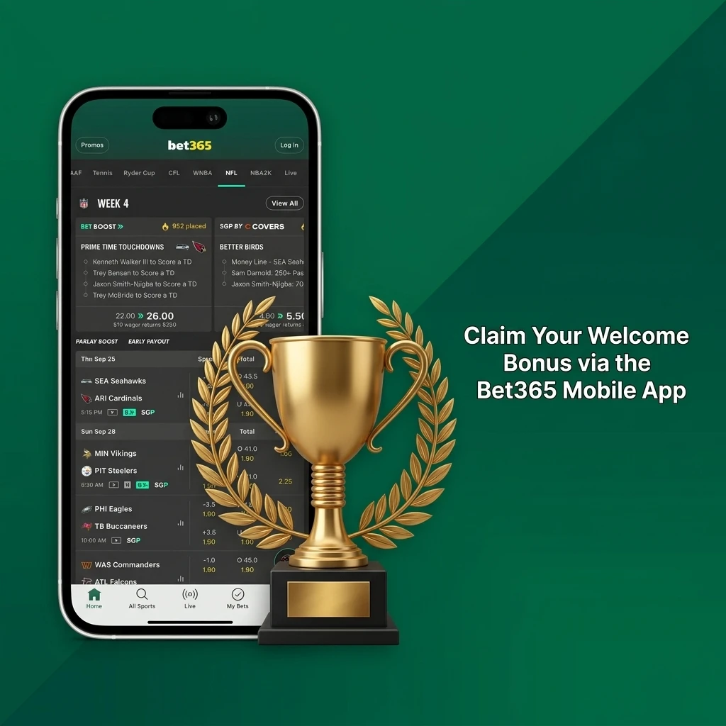 Bet365 mobile app on Android and iOS showing welcome bonus registration and deposit steps for new users