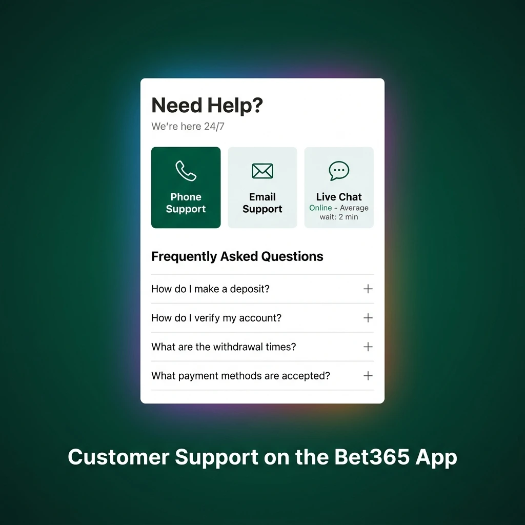Bet365 app customer support channels including live chat, email, help centre, and phone support available 24/7