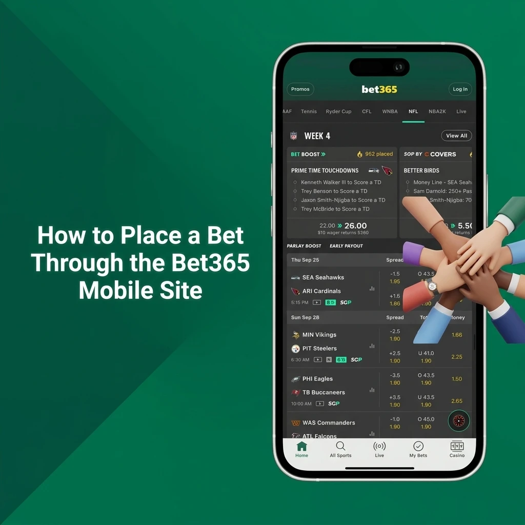 Bet365 mobile site betting steps showing sports selection, odds tapping, bet slip entry, and place bet confirmation process