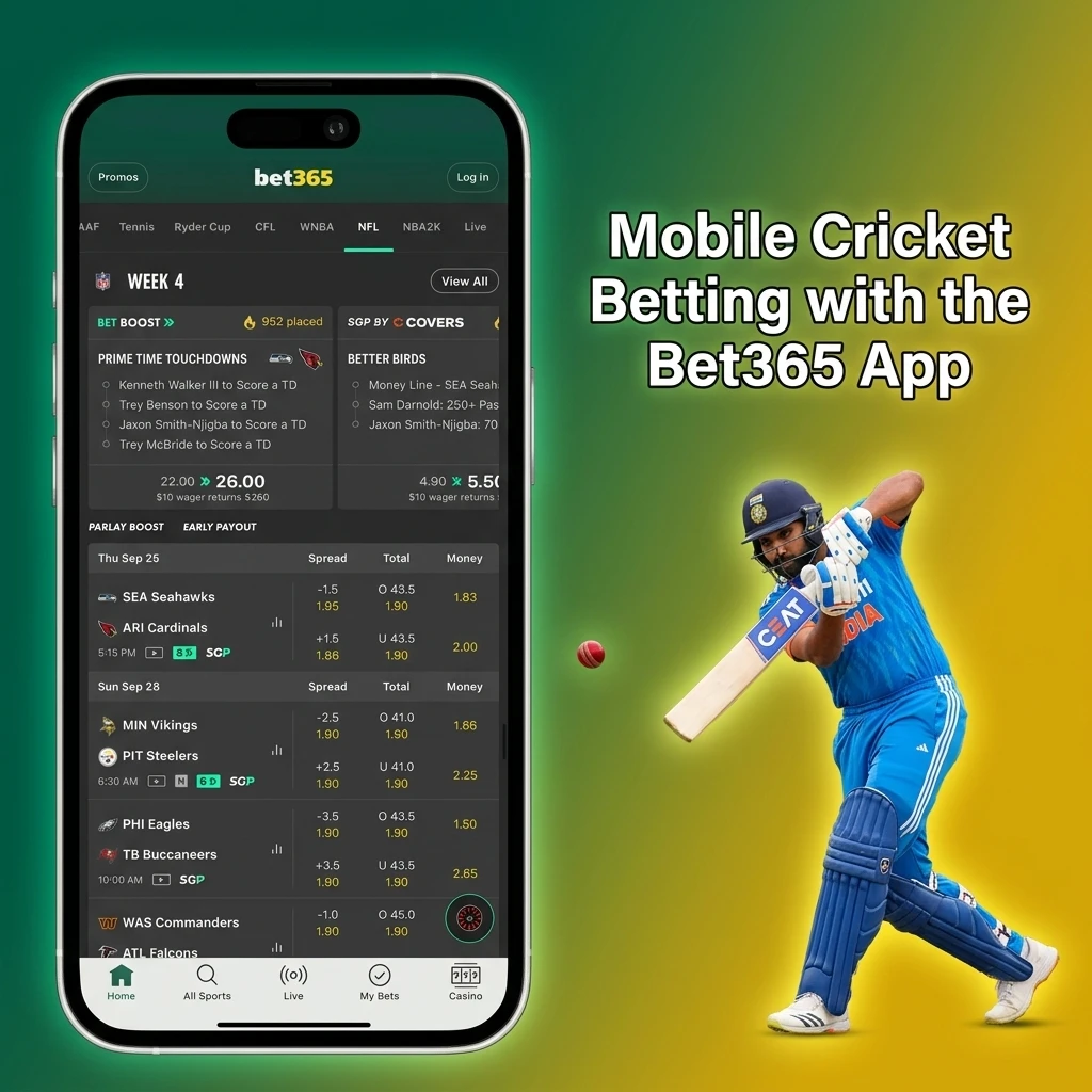 Bet365 app interface showing cricket betting options for Android and iOS users in India