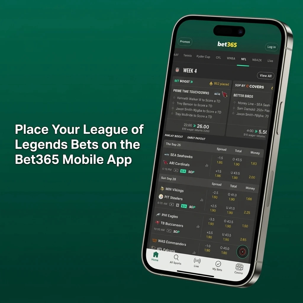 Bet365 mobile app interface showing League of Legends esports betting markets with match winner and live bet options