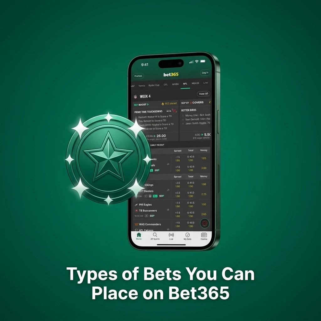 Bet365 bet types including single, accumulator, double, treble, system bet, and live in-play betting options