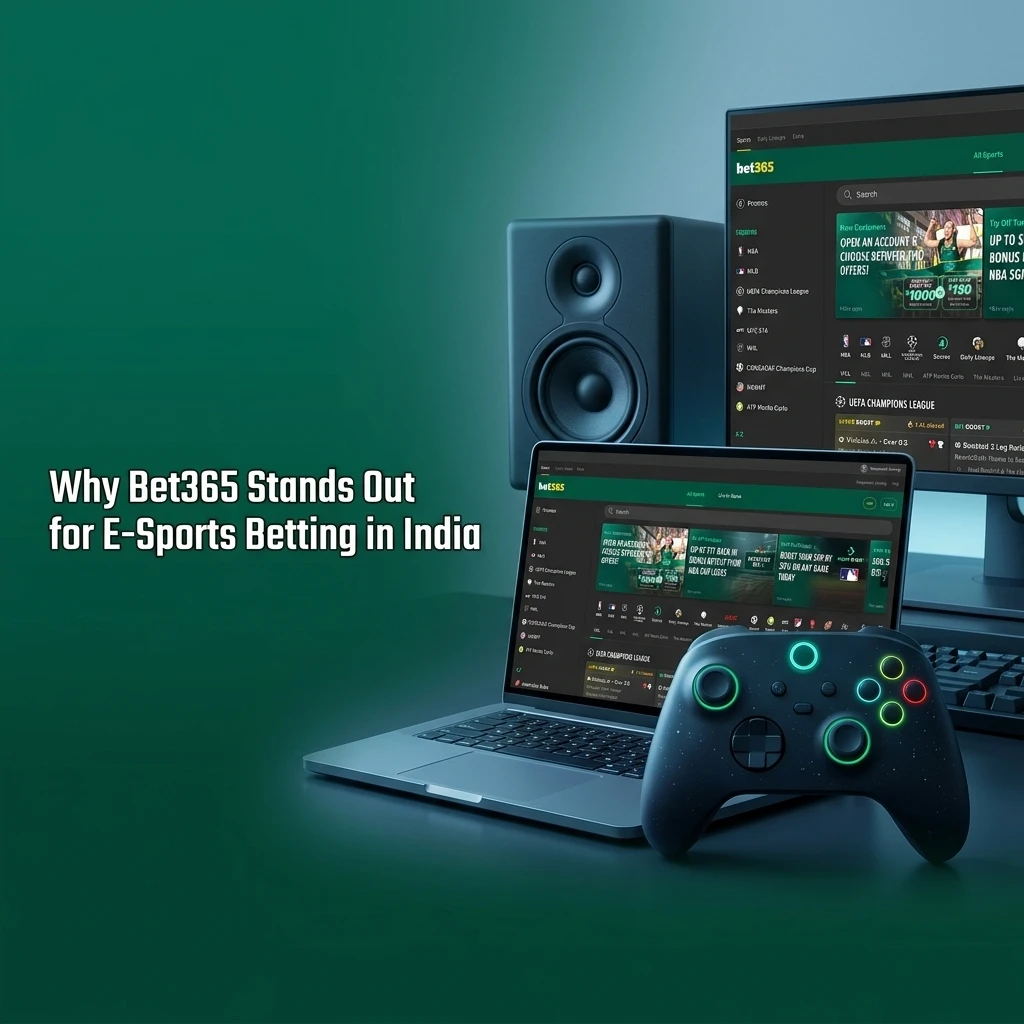 Bet365 esports betting platform in India showing odds, INR payments, welcome bonus, app, and 24/7 support features